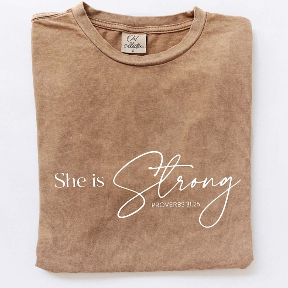 🐧#607 SHE IS STRONG PROVERBS 31:25 Mineral Washed Graphic Top